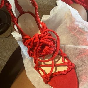 Red heels that tie around ankles